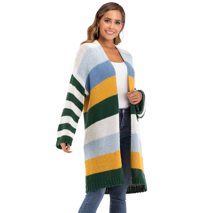 WOMEN'S Winter Coat Warm Cross Border Casual Long Joint Contrast Color Striped Oversize Knitted Sweater Cardigan Patched Outwear - Home Garden 01